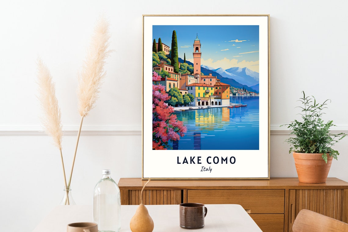 Lake Como Lakeside Village and Bell Tower Italy Travel Poster - Image 2