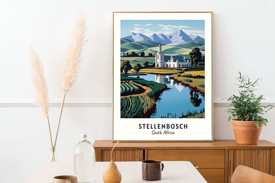 Stellenbosch South Africa Vineyards Church River Travel Poster - Image 2