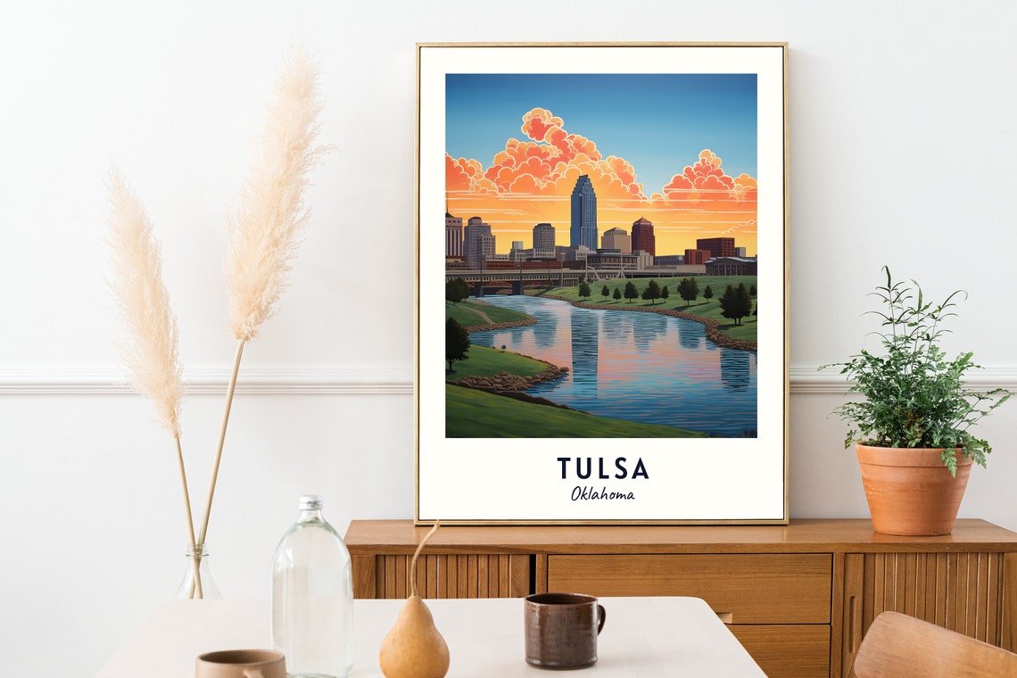 Tulsa Oklahoma Sunset Skyline Over River Bridge Evening Poster - Image 2