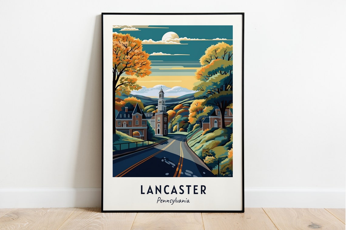 Lancaster Pennsylvania Dusk Moonlit Main Street Travel Poster