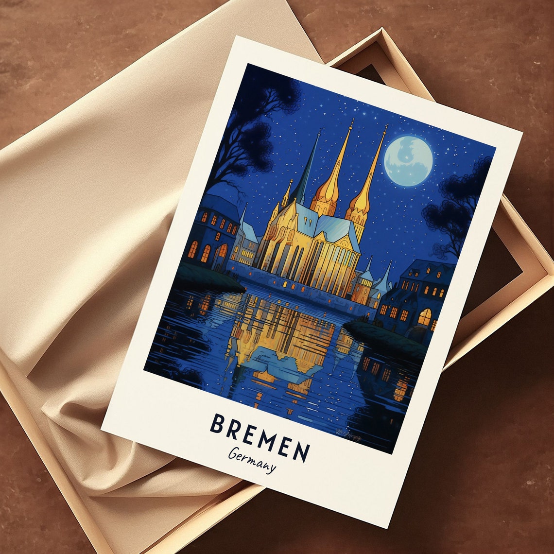 Bremen Cathedral Night Moonlight River Reflection Travel Poster - Image 3