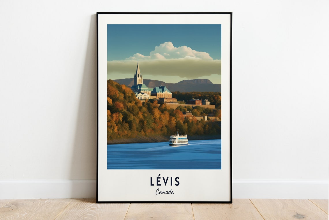 Levis Quebec Canada Autumn Riverside Cathedral Ferry Scene Poster
