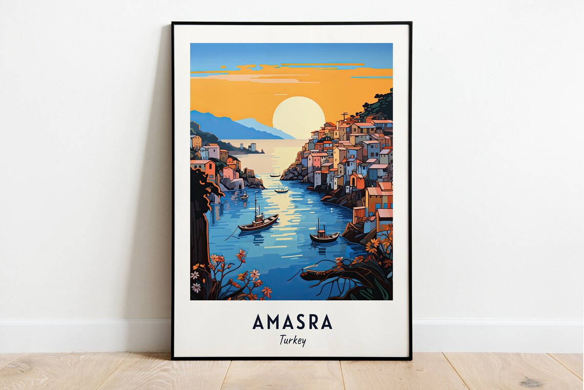 Amasra Turkey Sunset Harbor Boats Minimalist Seascape Travel Poster