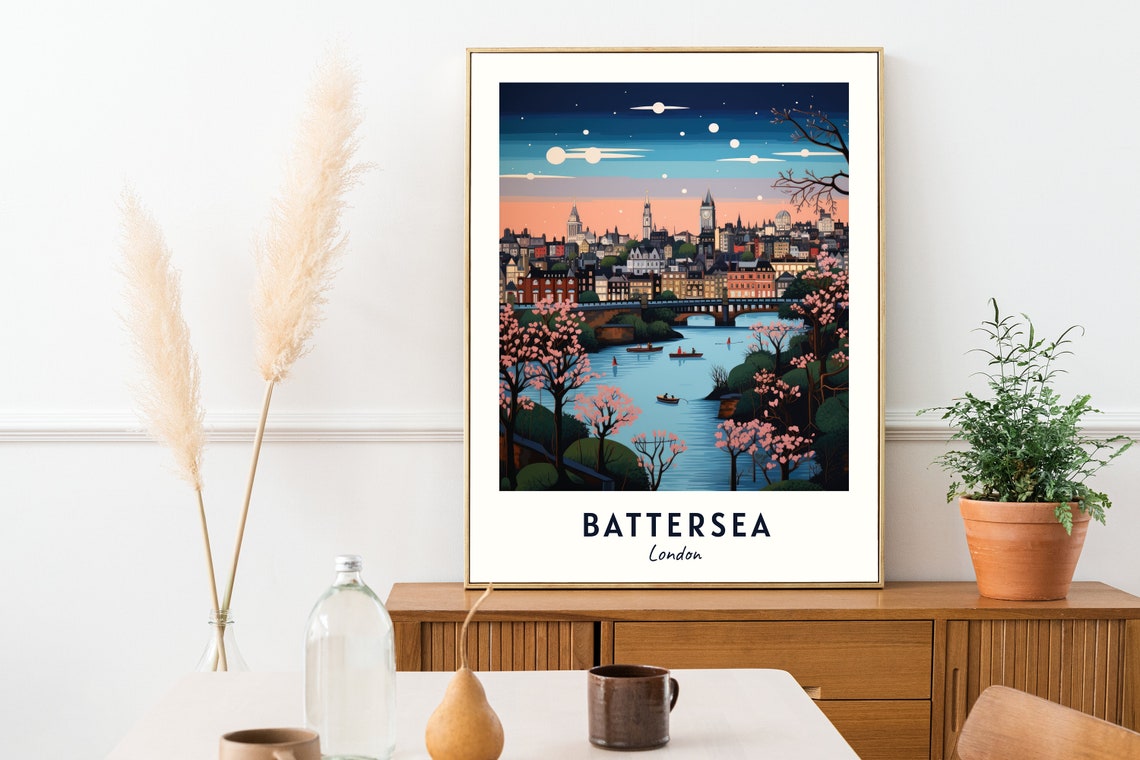 Battersea London Thames Dusk Cherry Blossom Riverside Travel Poster - Image 2
