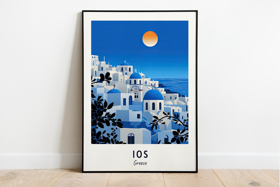 Ios Greece Whitewashed Village with Blue Domed Churches Night Poster