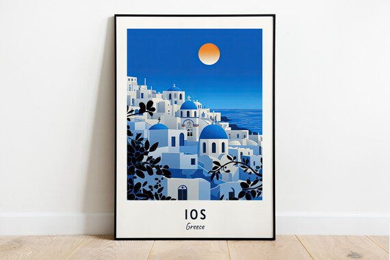 Ios Greece Whitewashed Village with Blue Domed Churches Night Poster