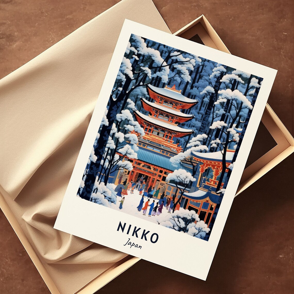 Nikko Japan Snowy Winter Pagoda Temple Retro Style Travel Poster - Image 3