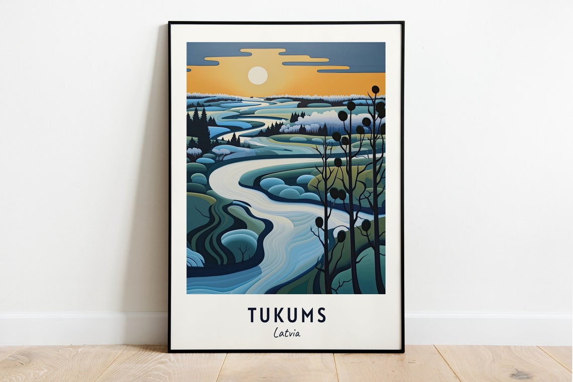 Tukums Latvia Winding Winter River Valley At Sunset Travel Poster