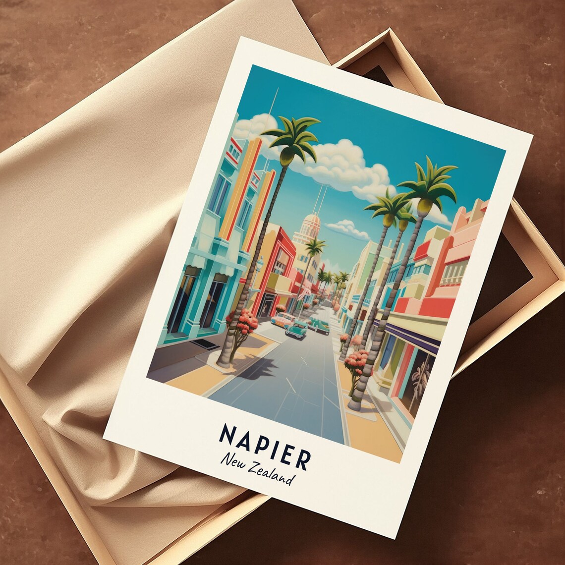 Napier New Zealand Art Deco Palm Lined Street Pastel Colors Poster - Image 3