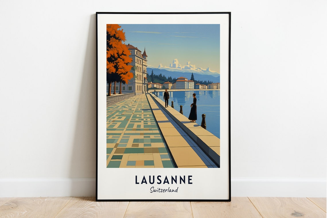 Lausanne Switzerland Lakeside Promenade Autumn Travel Poster