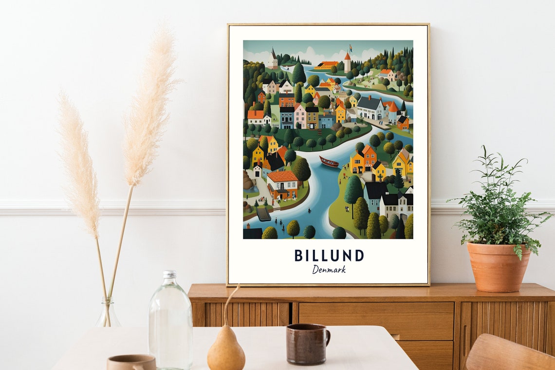 Colorful Riverside Village Scene Billund Denmark Travel Poster - Image 2