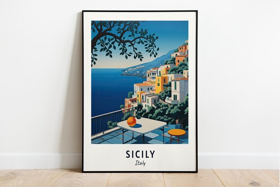 Sicily Italy Coastal Terrace Overlooks Hillside Town Sea Travel Poster