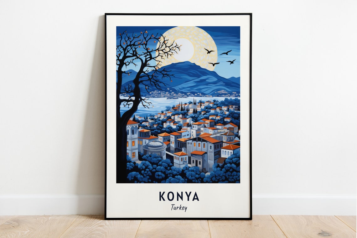 Konya Turkey Old Town Under Full Moon Beside Mountain Night Poster