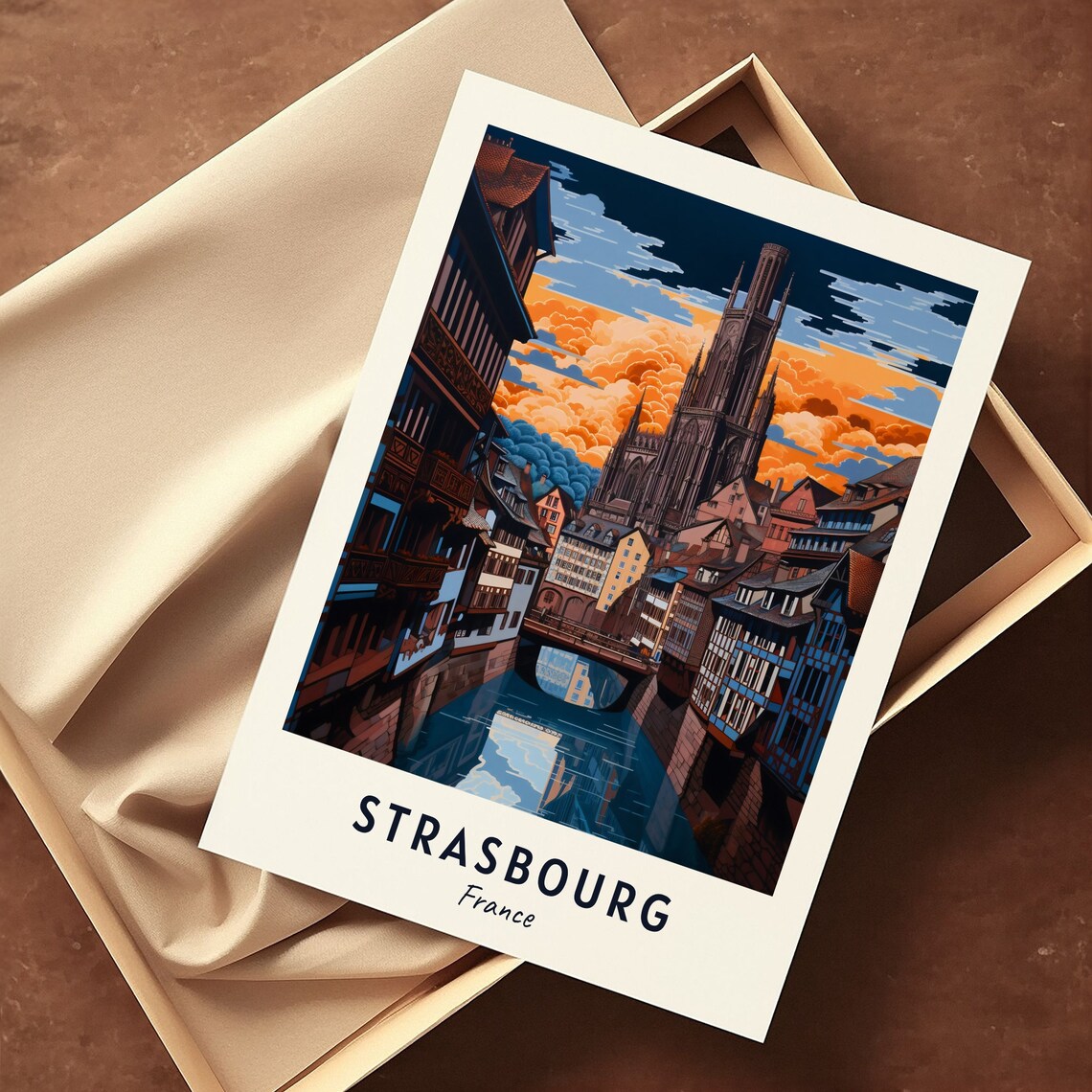 Strasbourg France Sunset Cathedral Canal Reflection Art Travel Poster - Image 3
