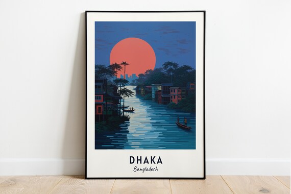Dhaka Bangladesh Red Moon River Boats Minimalist Travel Poster