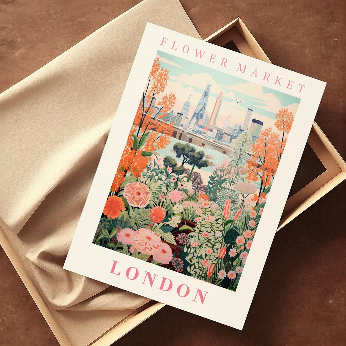 London Flower Market Thames Skyline Orange Blossom Travel Poster - Image 2