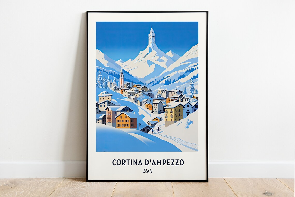 Cortina d'Ampezzo Italy Snowy Alpine Ski Town Bell Tower Travel Poster