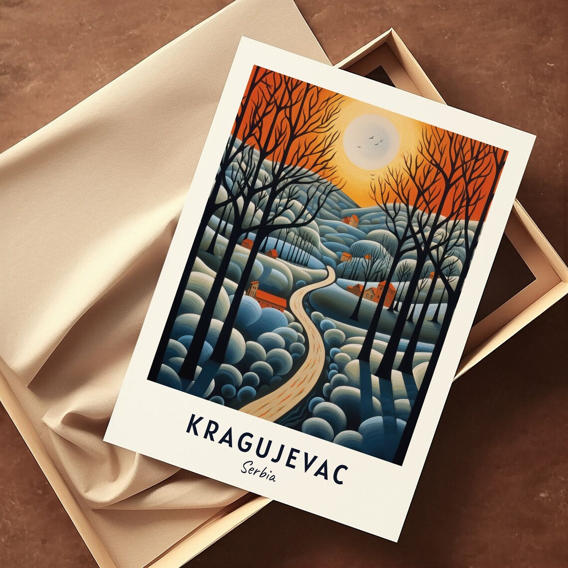 Kragujevac Serbia Snowy Forest Road Winter Sunset Scene Poster - Image 3
