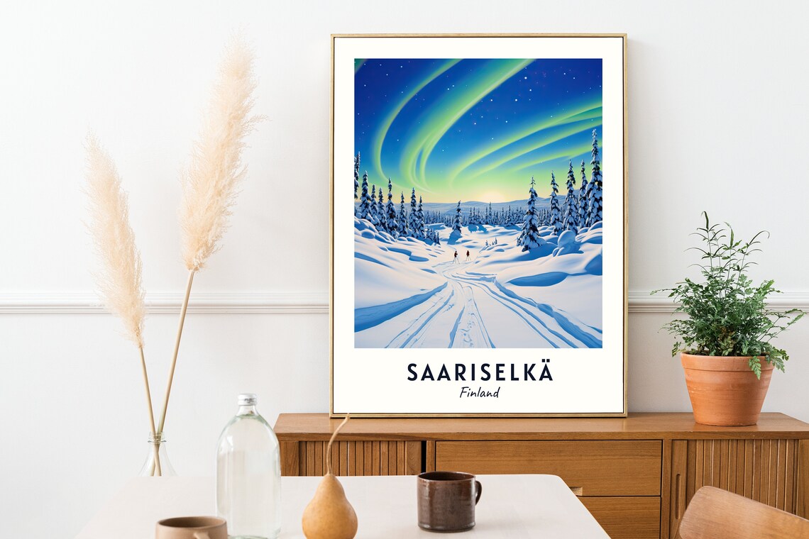 Saariselkä Finland Northern Lights Snowy Trail Winter Poster - Image 2