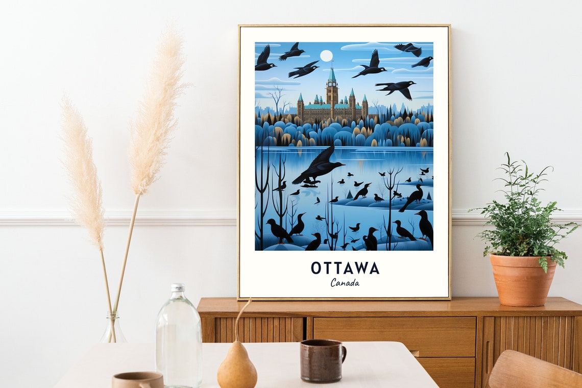 Ottawa Canada Parliament Hill Winter Birds Moon Travel Poster - Image 2