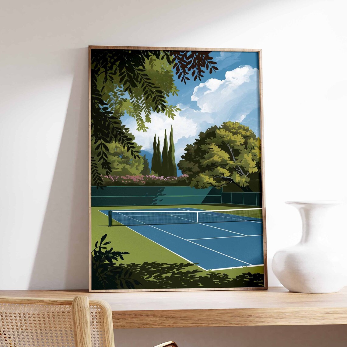 Classic Tennis Court Painting Blue Hard Court Cypress Trees Poster