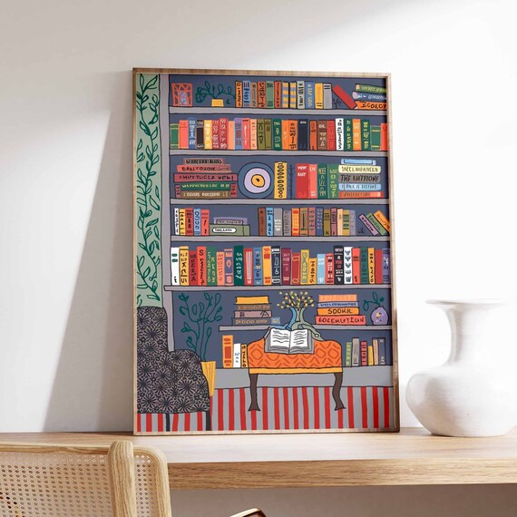 Vintage Library Poster with Colorful Bookshelves and Cozy Reading Nook