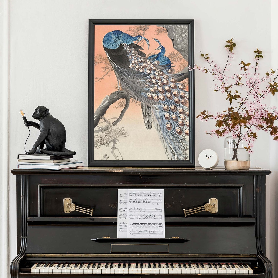 Ohara Koson Two Peacocks Perched On Pine Branch Pink Sky Poster - Image 4