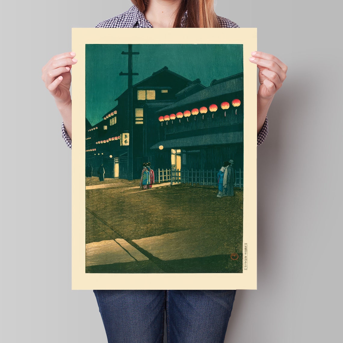 Japanese Night Street Red Lanterns Kimono Woodblock Style Poster - Image 4