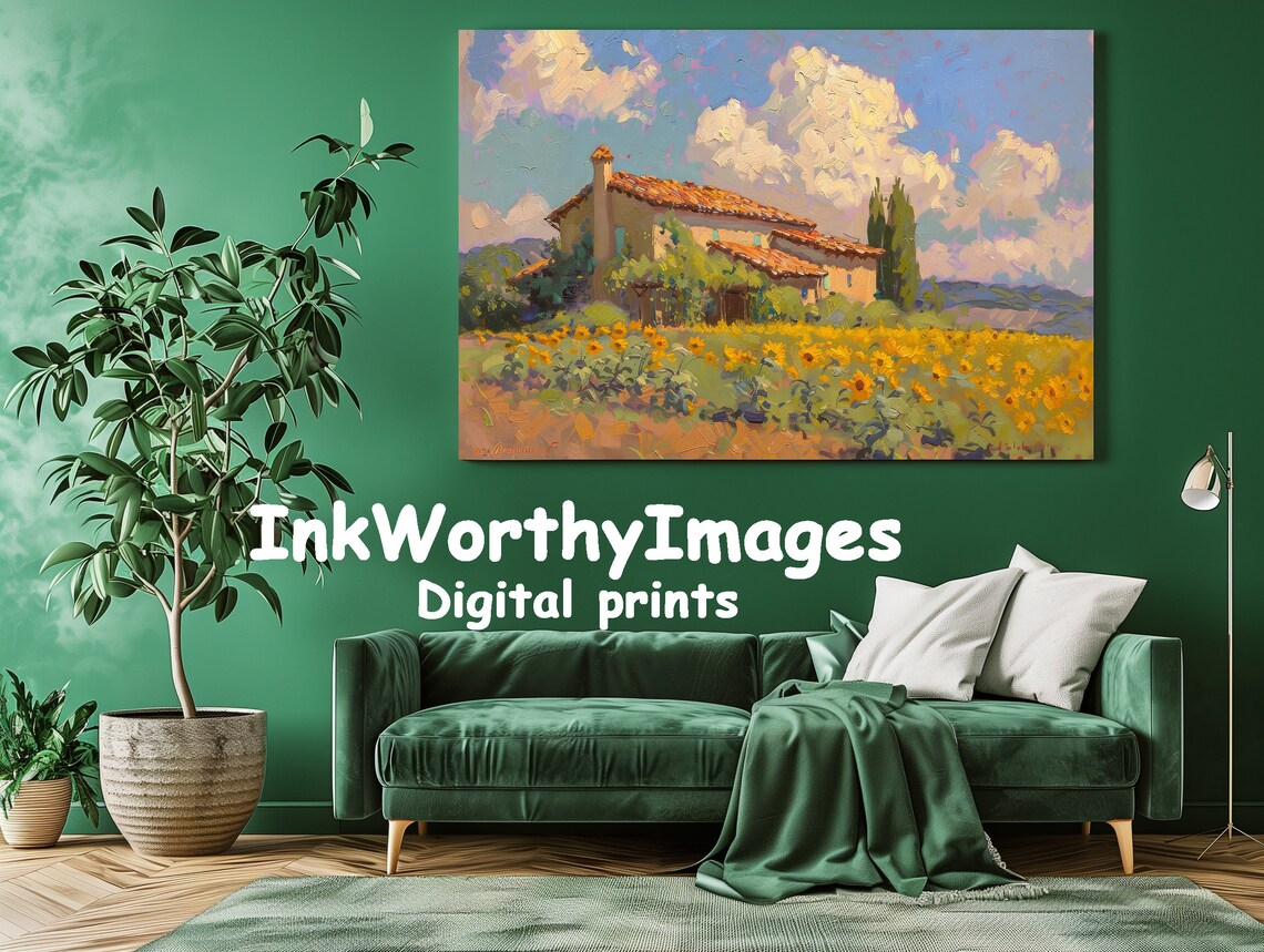 Sunflower Field Cottage, Rustic Landscape Painting - Image 2