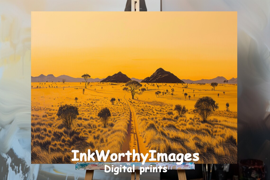 Golden Savannah Road Painting, African Landscape