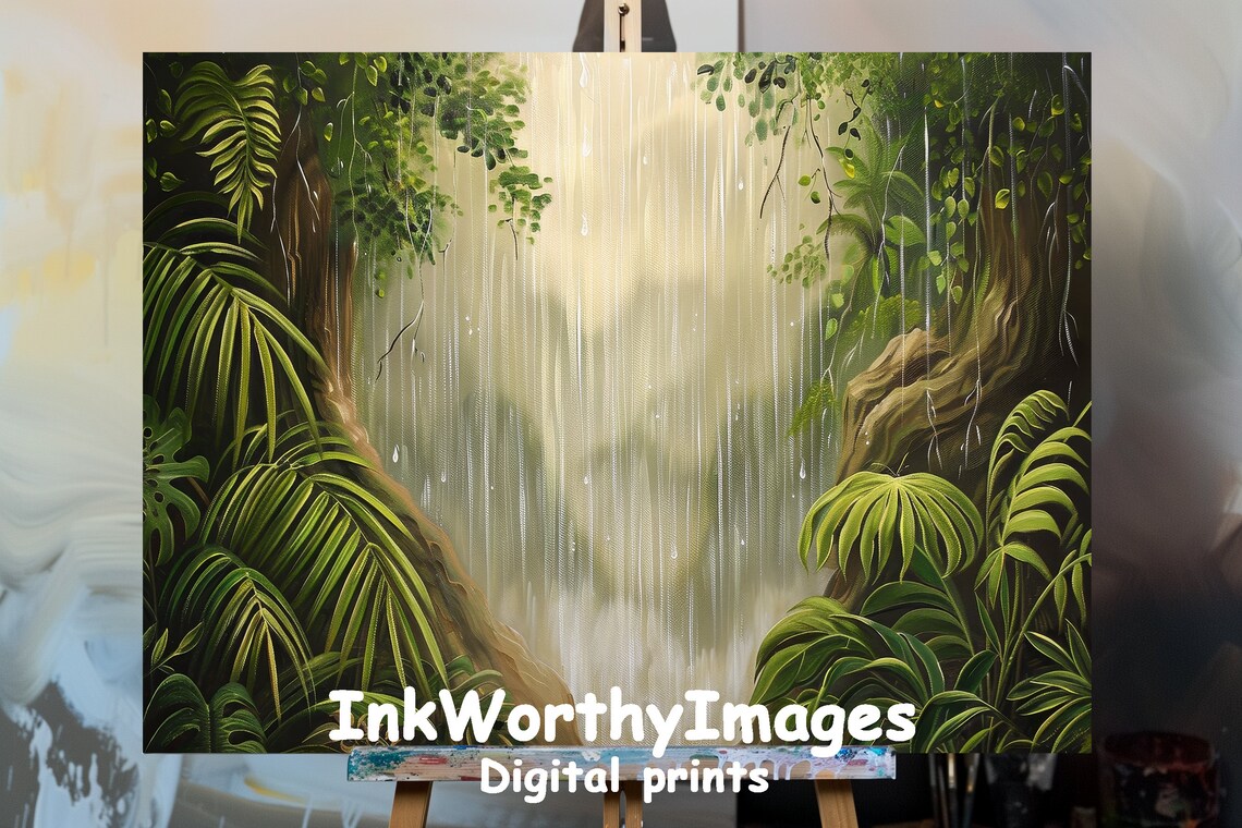 Tropical Rainforest Waterfall, Impressionist Art Print