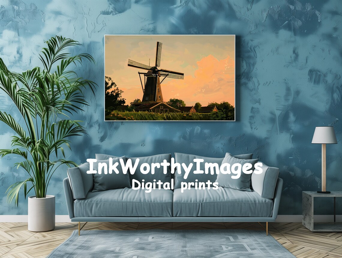 Dutch Windmill At Sunset, Serene Landscape Art Print - Image 2