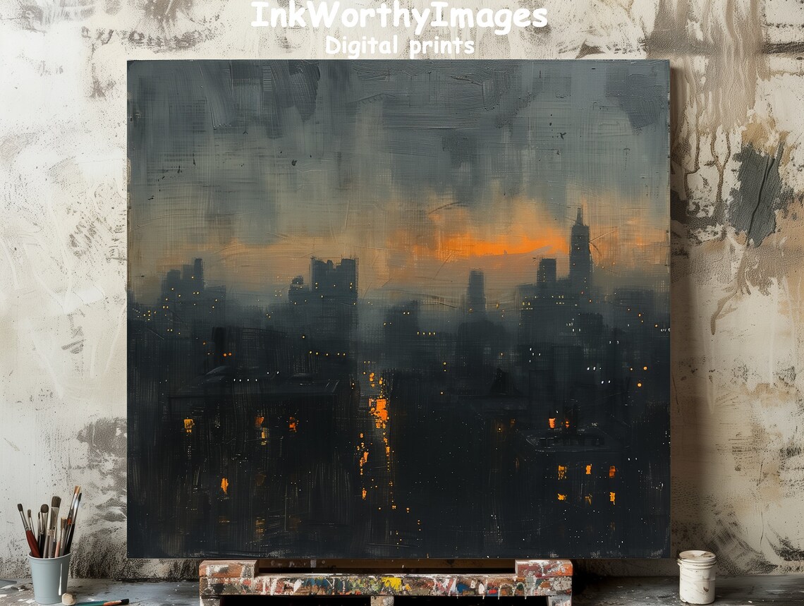 Moody Cityscape Painting, Modern Urban Art