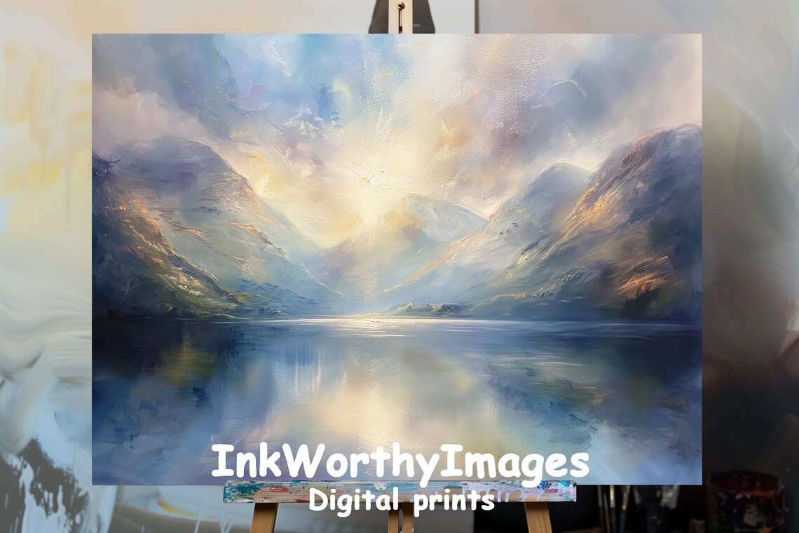 Tranquil Mountain Lake, Misty Morning Landscape Art