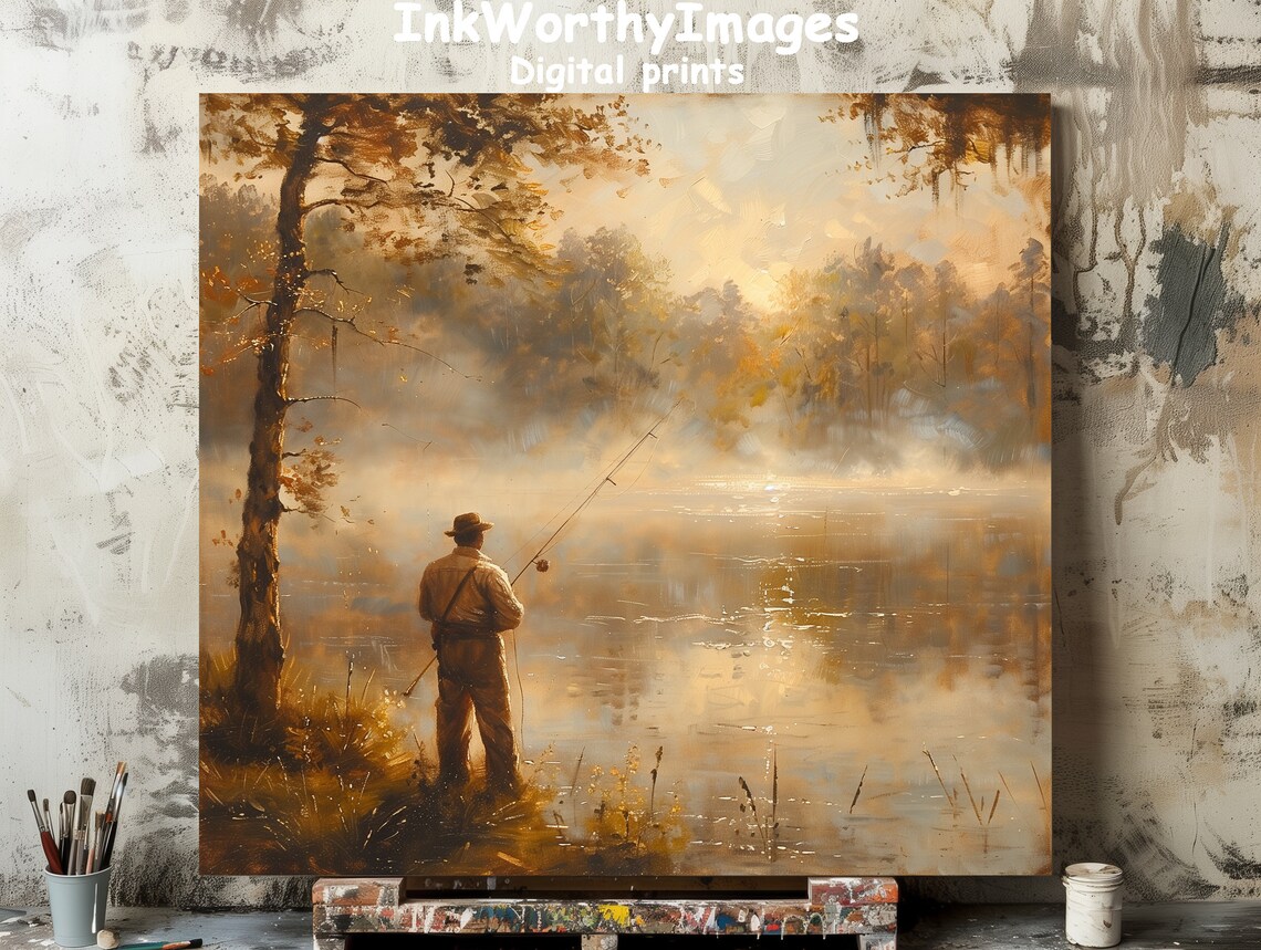 Peaceful Fishing Scene, Serene Lakeside Morning