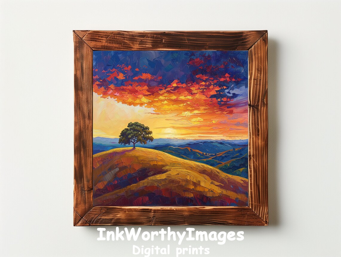 Vibrant Sunset Landscape, Colorful Tree Hill - Image 3