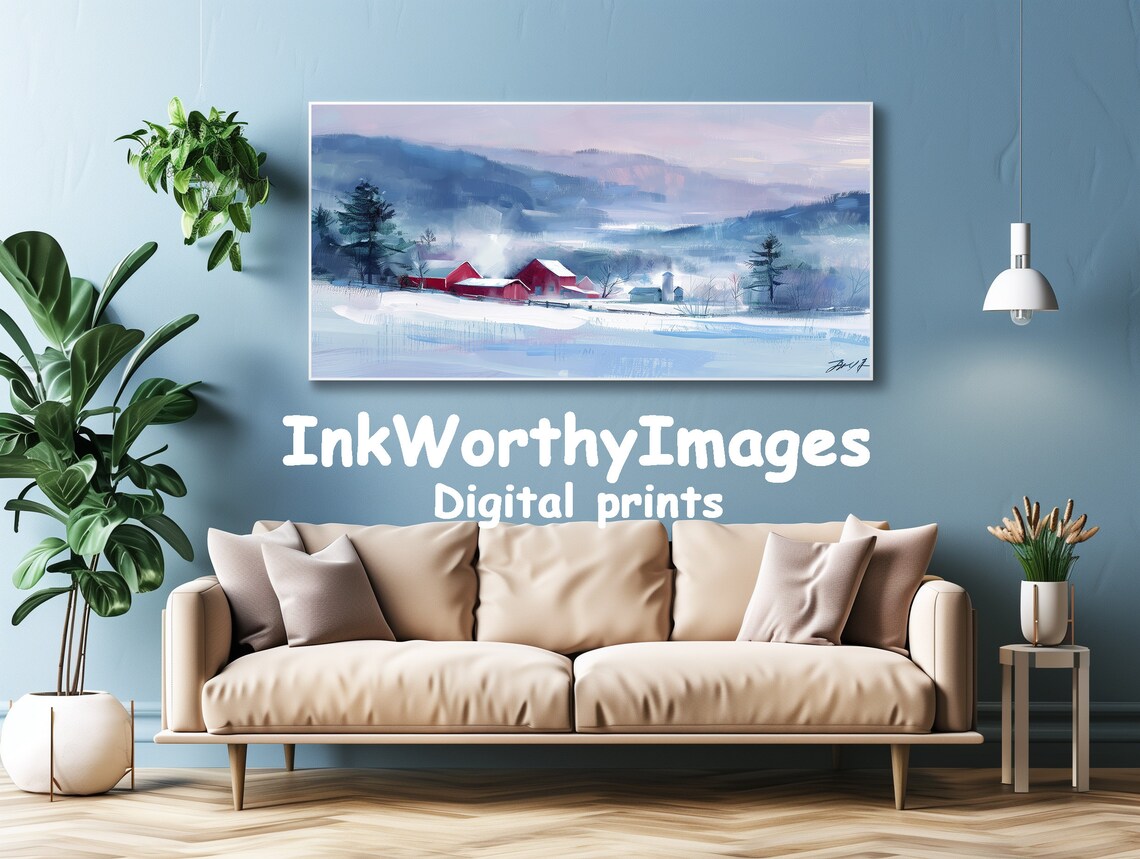 Snowy Farm Scene, Red Barn And Silo Winter Landscape - Image 4