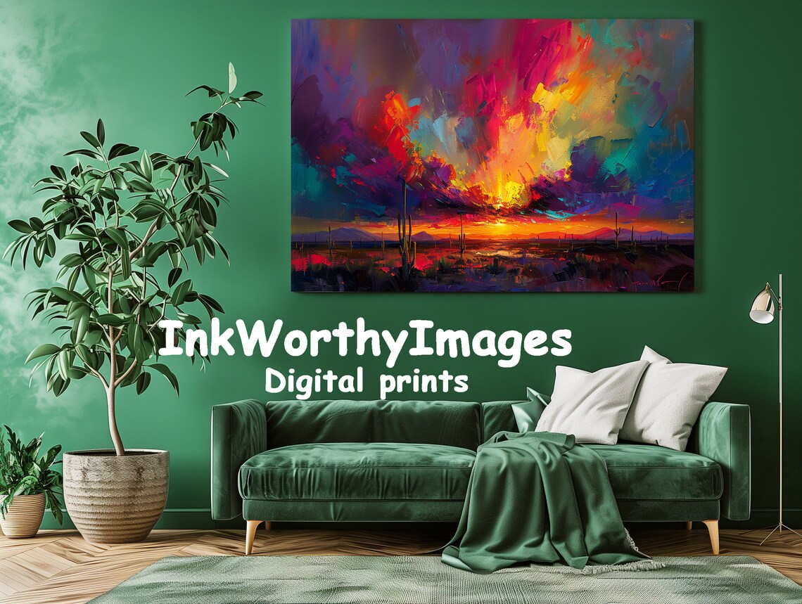 Desert Sunset Abstract Cactus Painting, Nature Art - Image 2