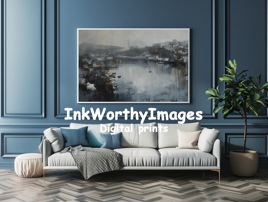 Moody Coastal Village, Foggy Harbor Seascape - Image 4