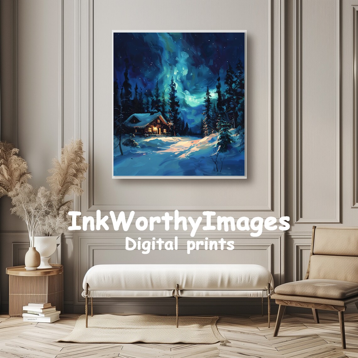 Winter Cabin Under Northern Lights, Cozy Snow Scene - Image 6