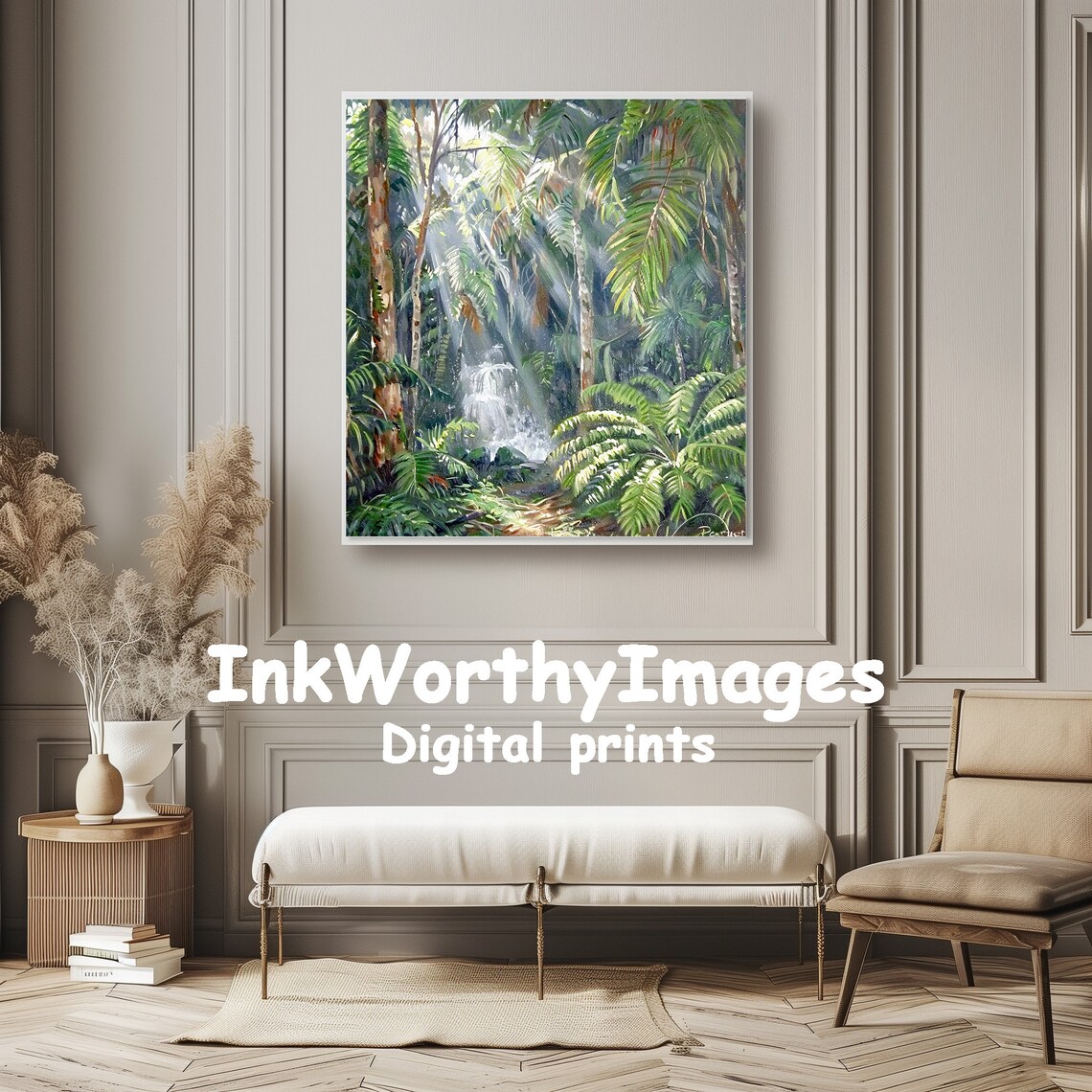 Sunlit Tropical Jungle Waterfall, Rainforest Art Print - Image 3