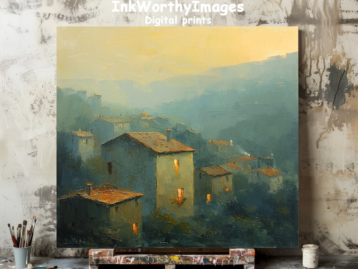 Misty Village Sunrise Art Print, Rustic Landscape