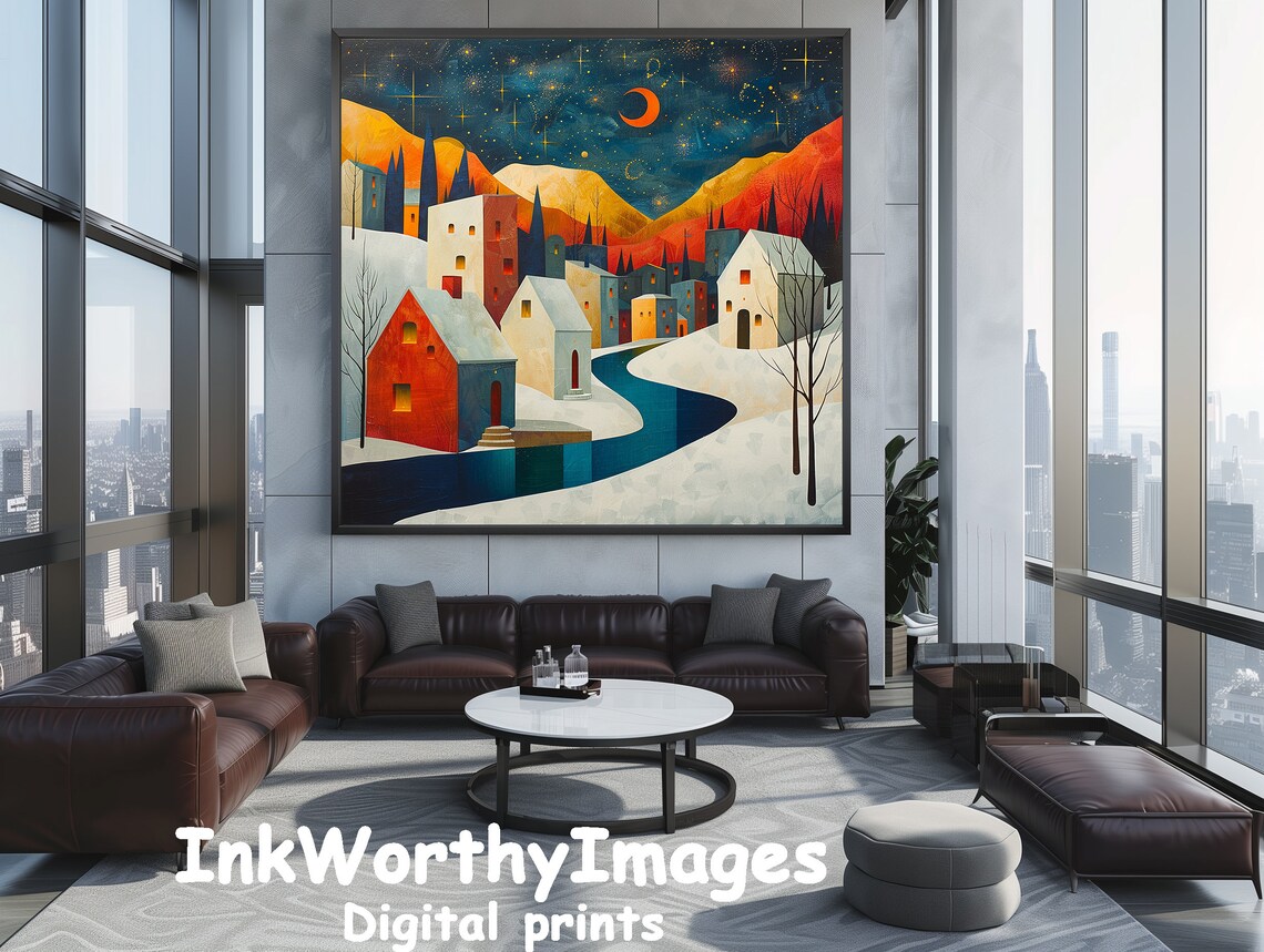 Starry Night Village, Whimsical Winter Townscape Art Print - Image 5