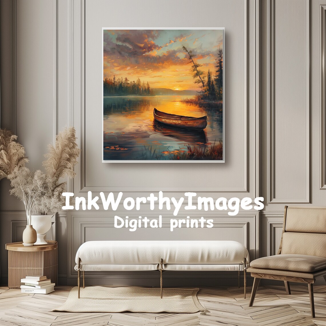 Sunset Canoe On Lake, Tranquil Nature Scene - Image 5