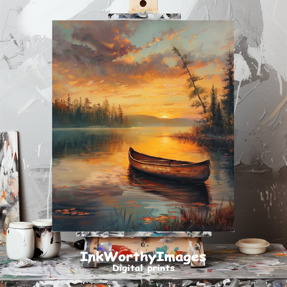 Sunset Canoe On Lake, Tranquil Nature Scene - Image 6