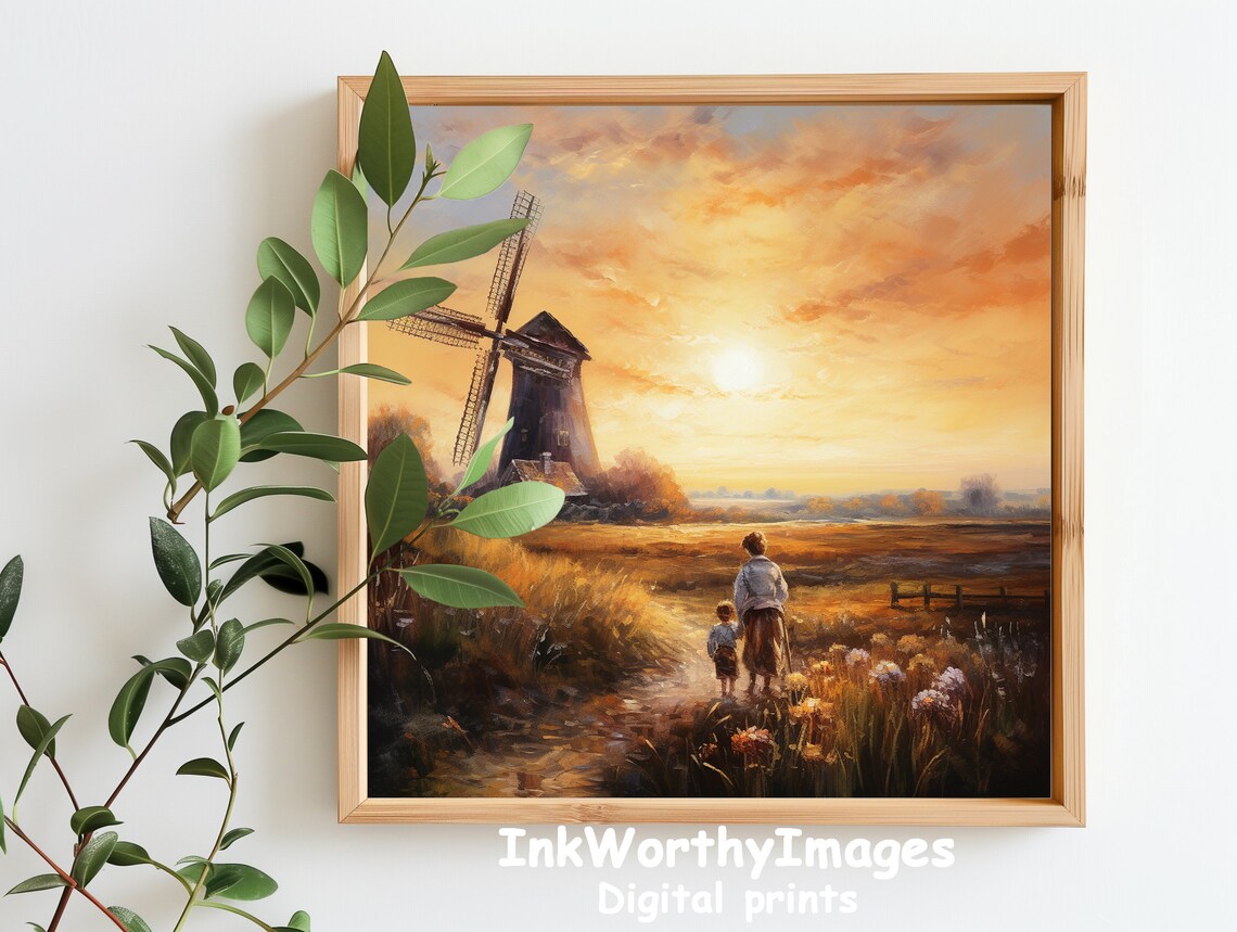 Windmill Sunset Painting, Rustic Landscape - Image 6