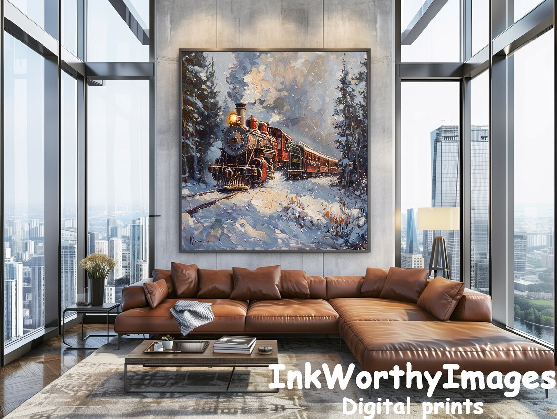 Winter Train Scene, Vintage Steam Locomotive Decor - Image 3