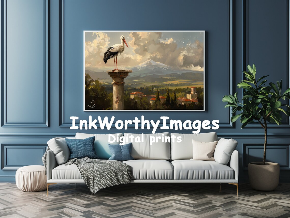 Majestic Stork On Pillar, European Countryside Art Print - Image 4