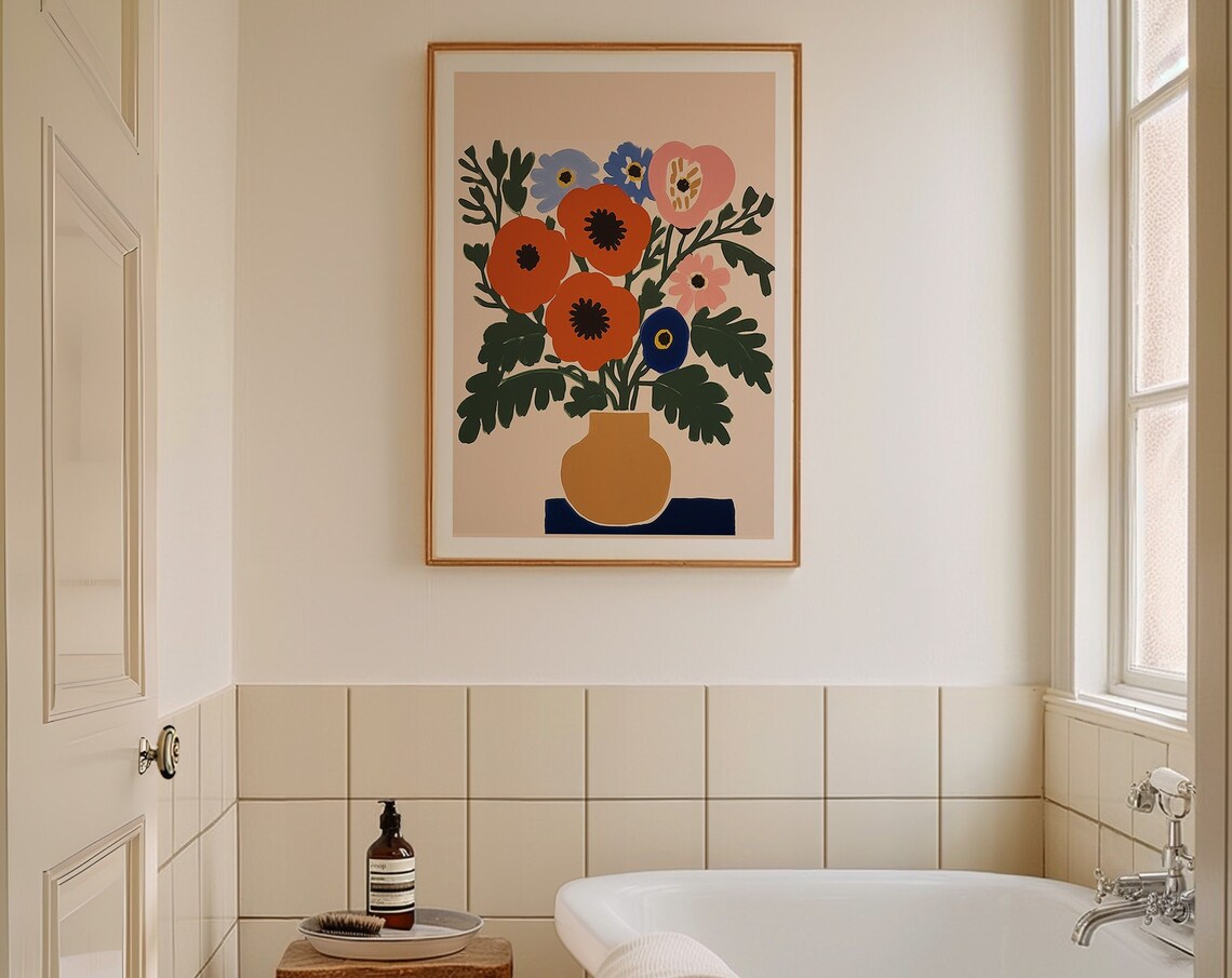 Bold Red Poppies And Wildflowers In Ochre Vase Modern Floral Poster - Image 4