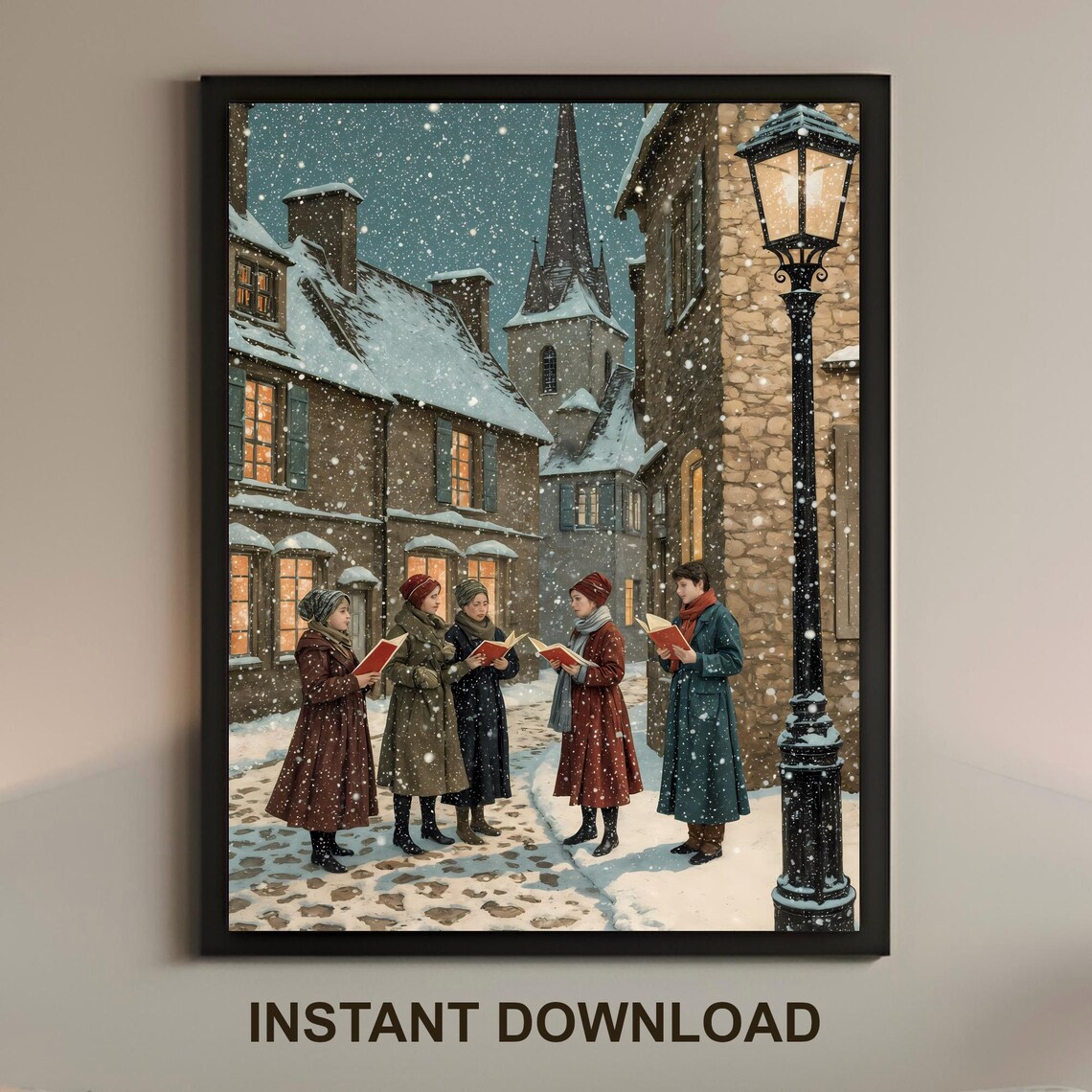 Vintage Christmas Carolers Snowy Village Lamp Light Night Poster